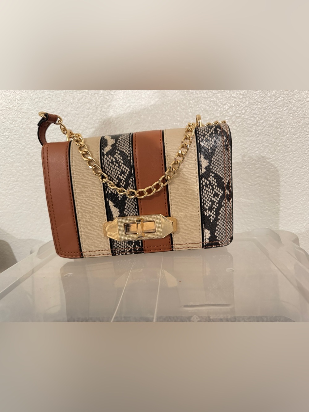 Aldo Snake-Print & Tan Striped Crossbody Bag with Gold Chain